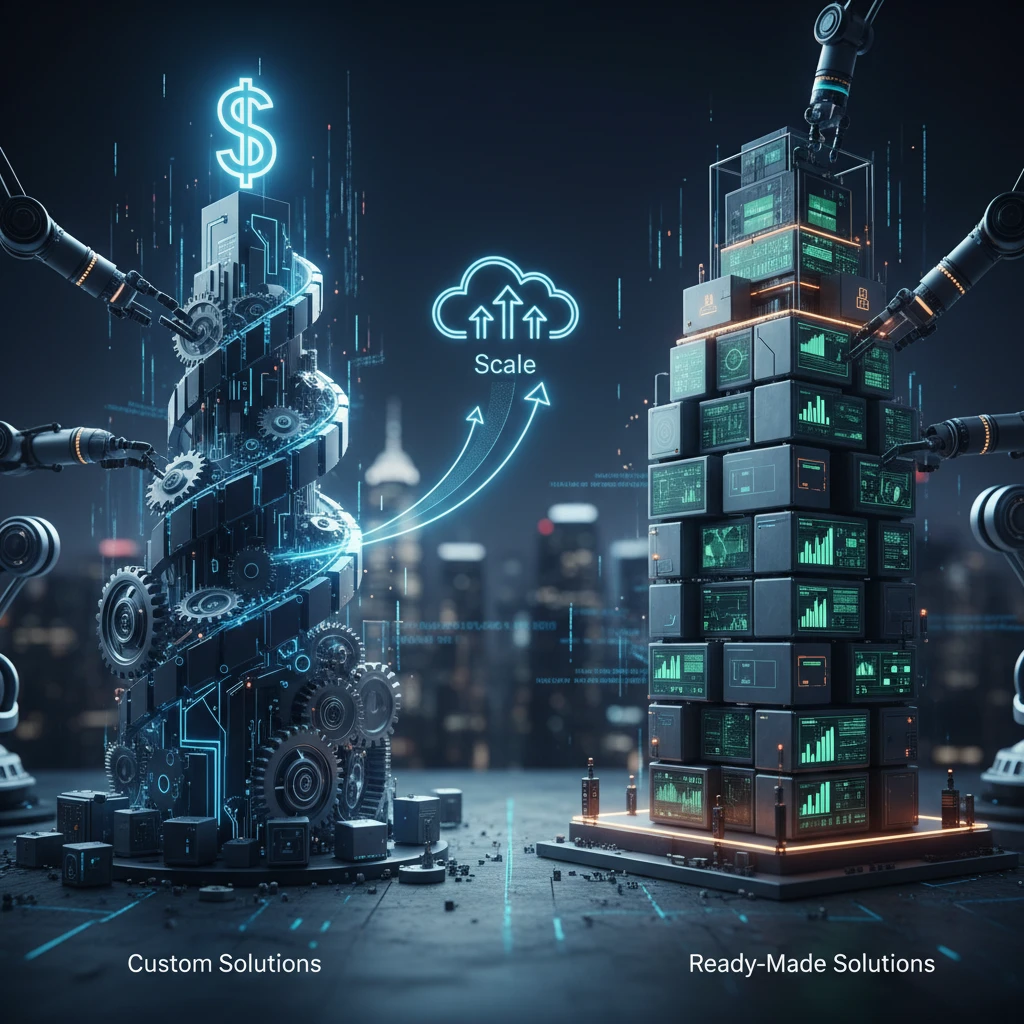 Professional illustration for article about Scale Your Fintech App: Custom vs. Ready-Made Solutions