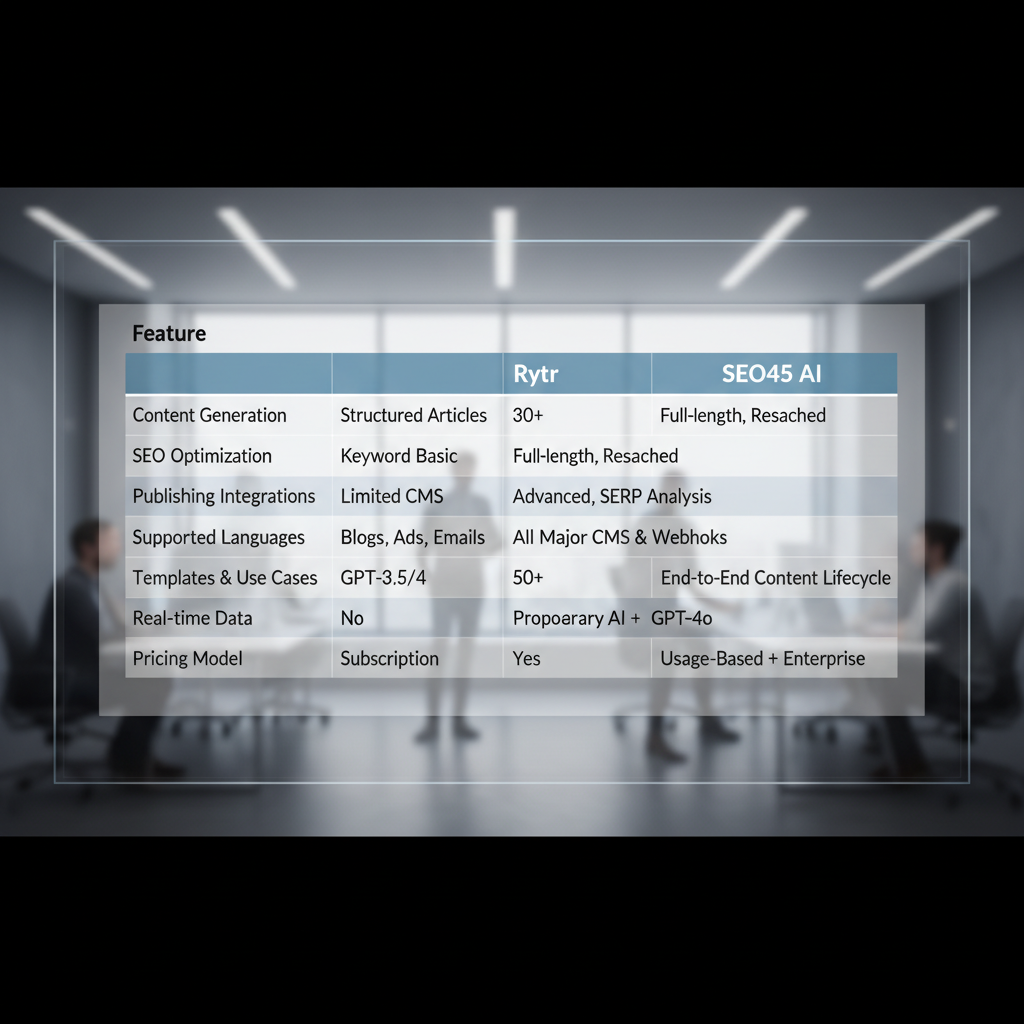 Comparison table of Rytr and SEO45 AI features and functionalities.