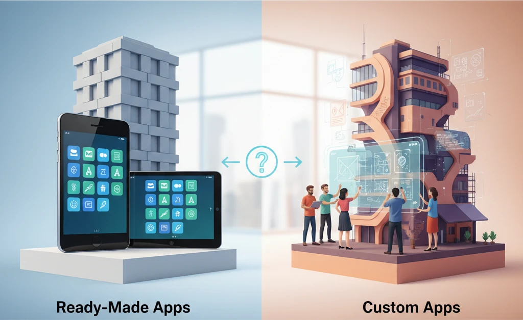 Professional illustration for article about Ready-Made Apps vs Custom: Which is Right for Your Business?