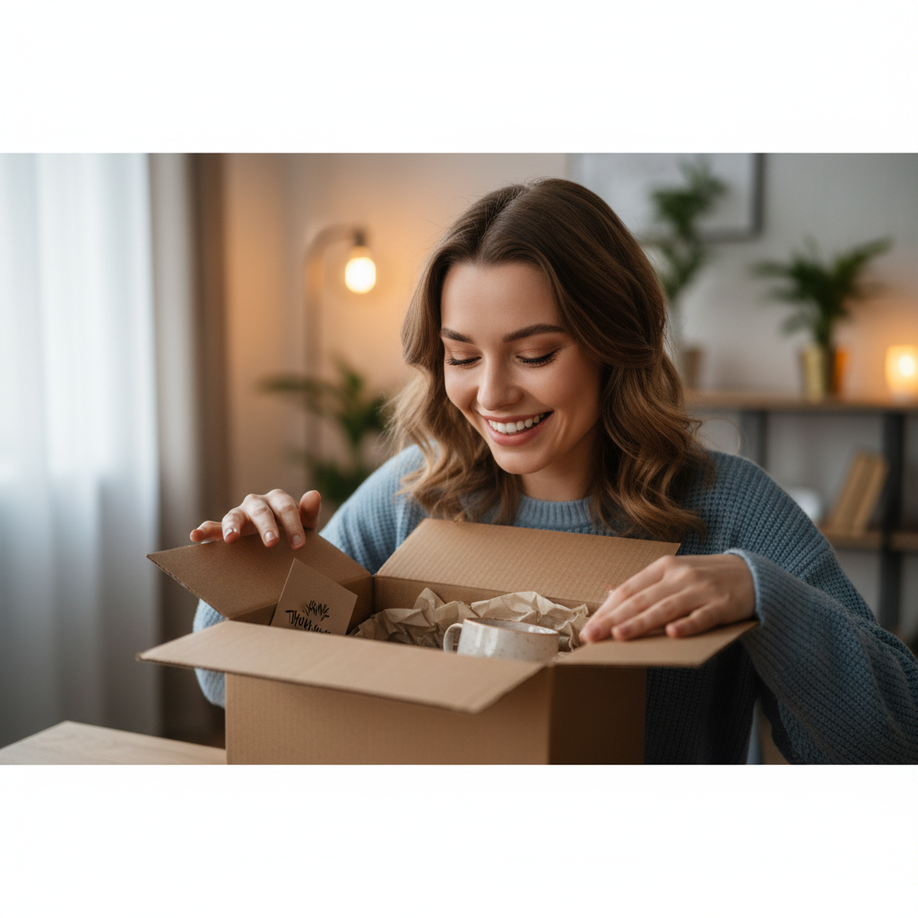 Close up of a customer happily opening a package from an online store