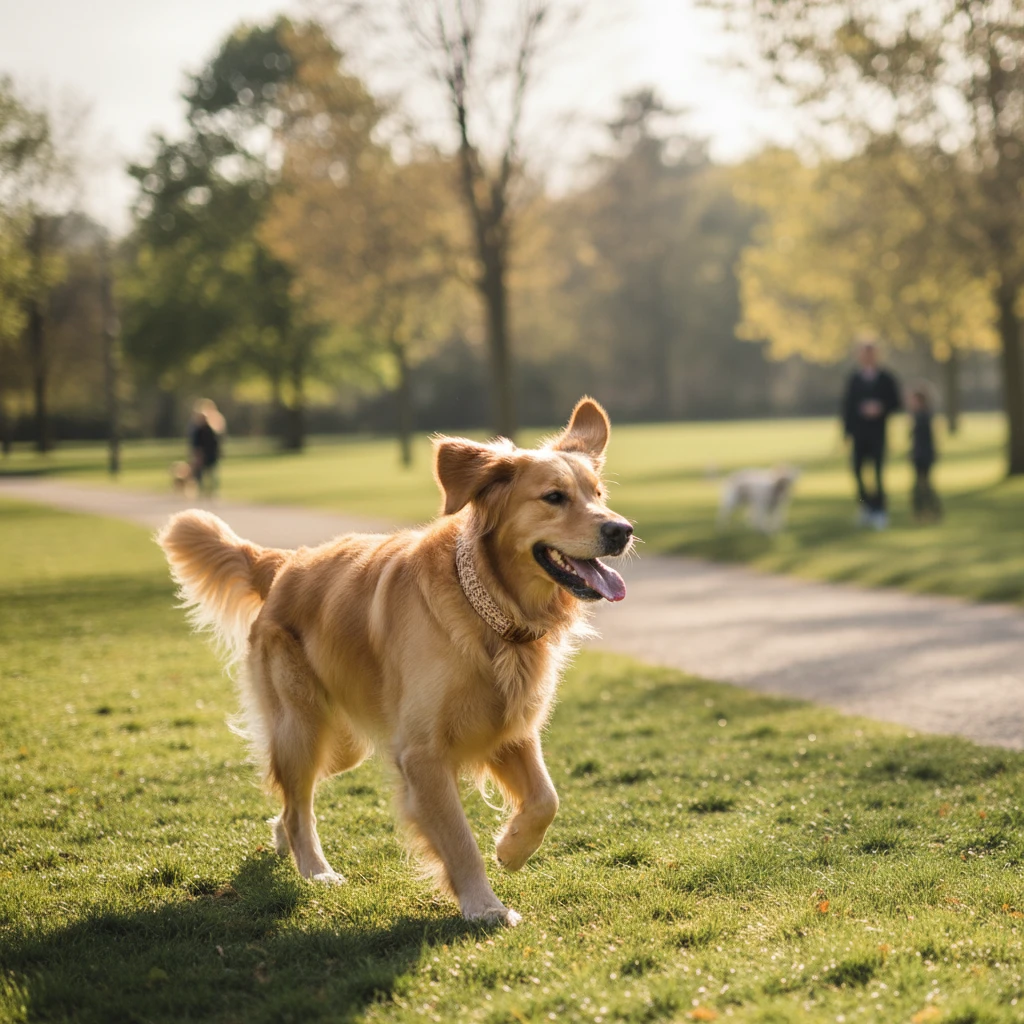 A dog wearing a flea and tick collar while playing in a park
