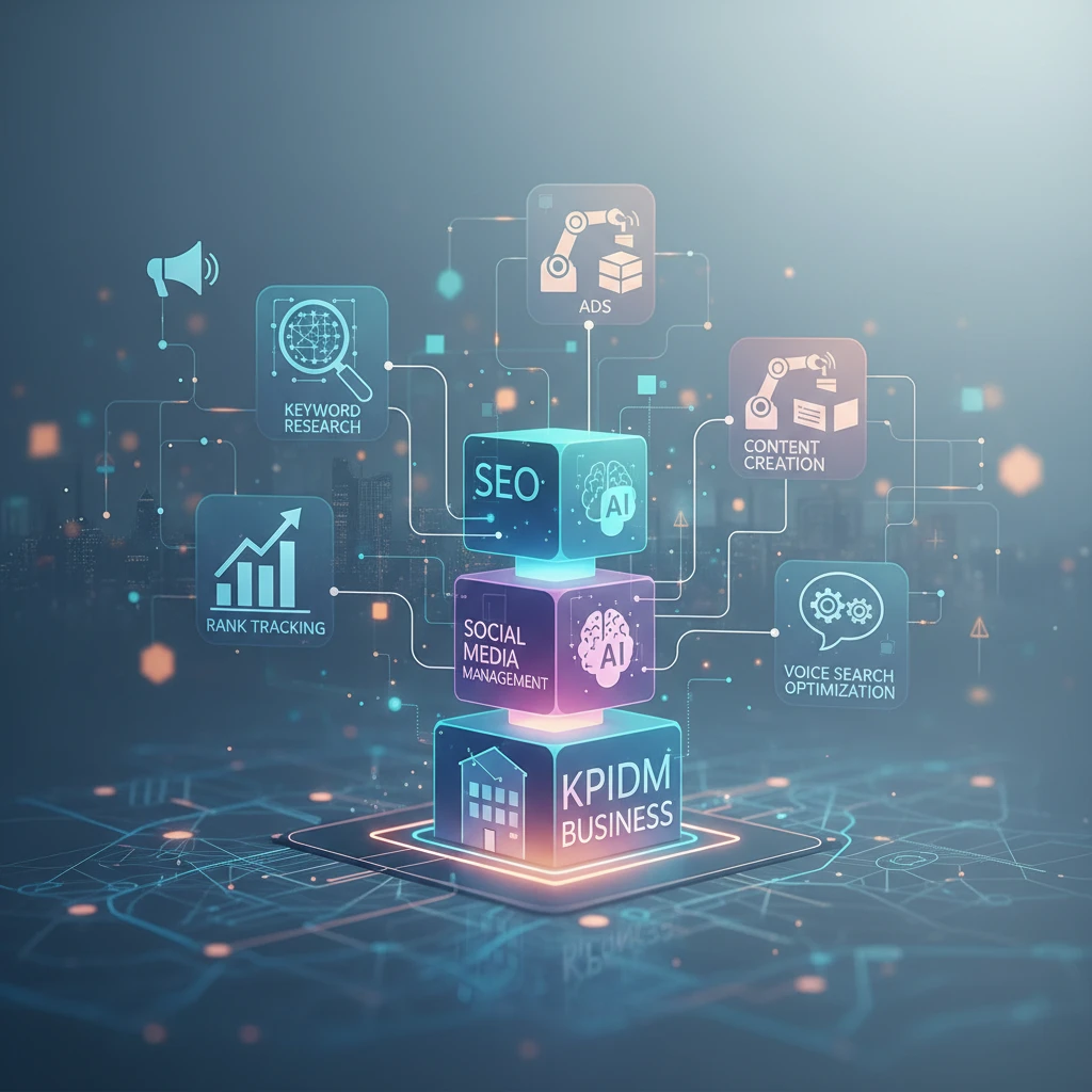 Professional illustration for article about SEO for Small Business: AI Tool Stack Blueprint