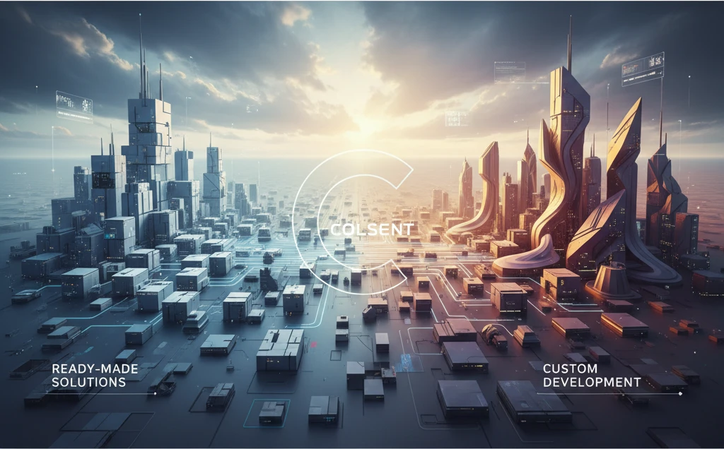 Professional illustration for article about Ready-Made Solutions: Colsents Custom Development Advantage