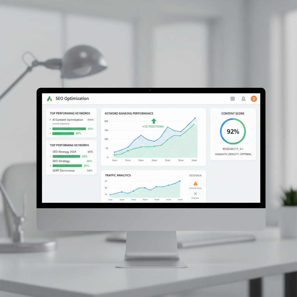 Dashboard of an AI SEO content optimization tool showing keyword ranking and performance metrics.