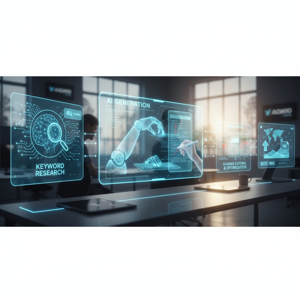 Content creation workflow using AI: keyword research, AI generation, human editing, publishing