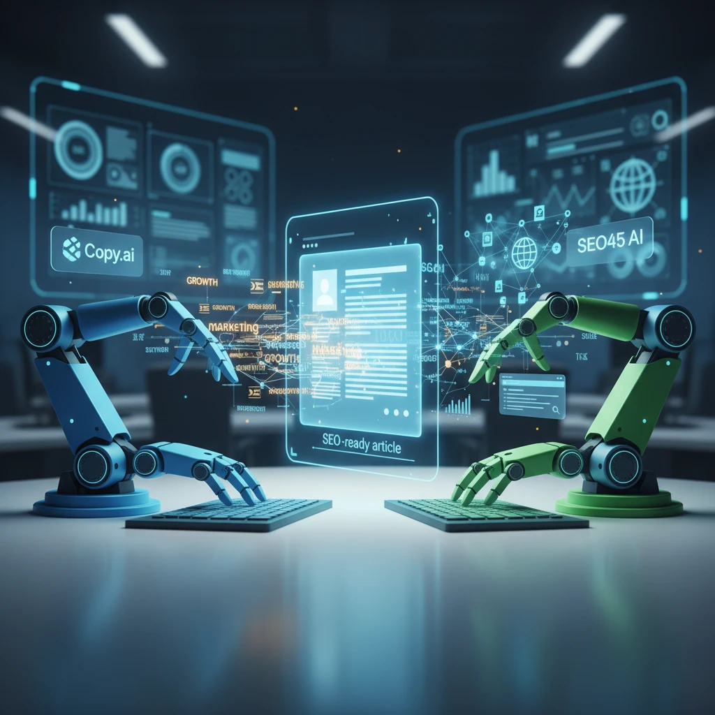 Professional illustration for article about Content Automation: Copy.ai vs SEO45 AI