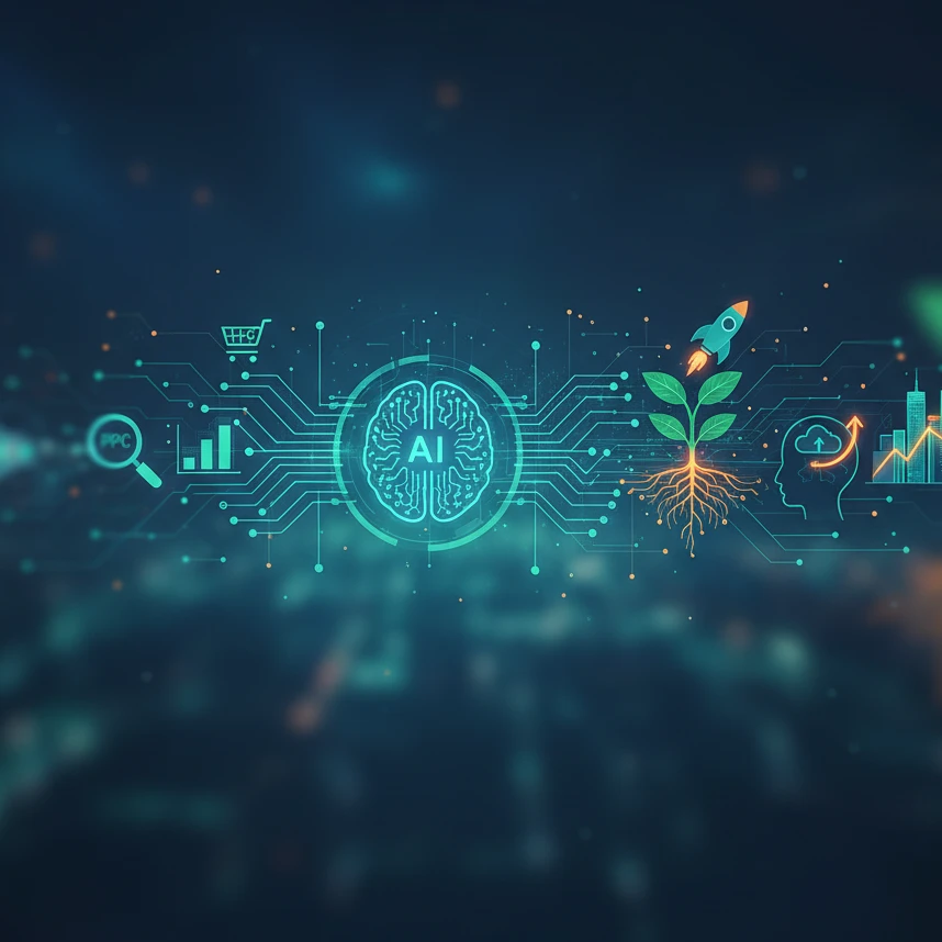 Professional illustration for article about Beyond PPC: Startup Growth Through AI Marketing