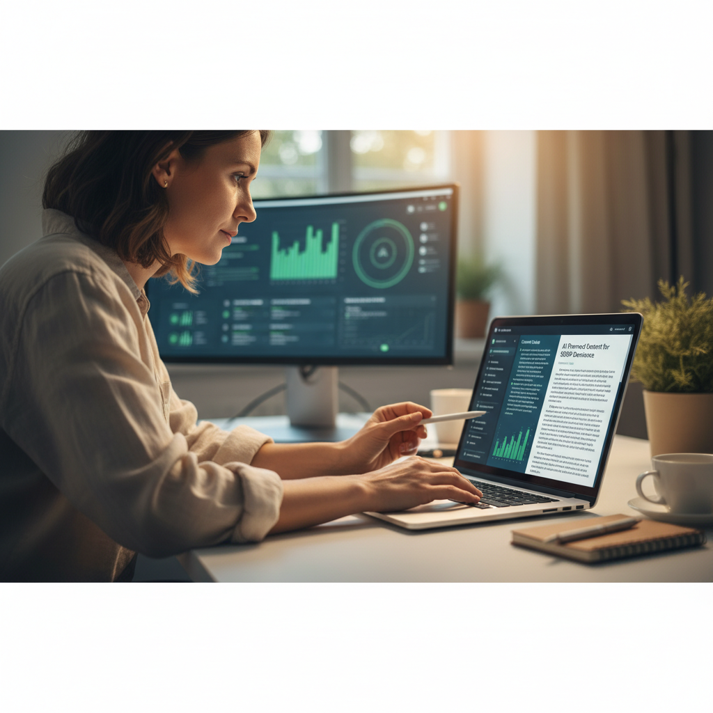 Digital marketer reviewing AI content output on a laptop