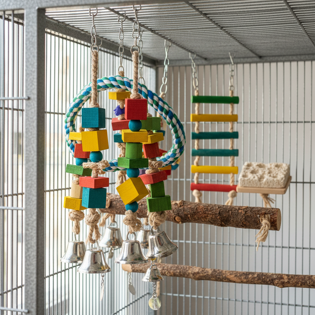 Selection of colorful bird toys hanging in a cage, including wooden blocks, bells, and rope perches