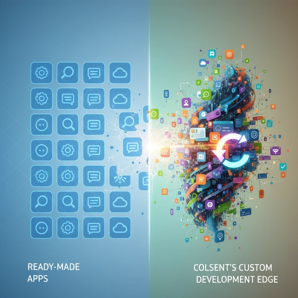 Professional illustration for article about Ready-Made Apps: Colsents Custom Development Edge