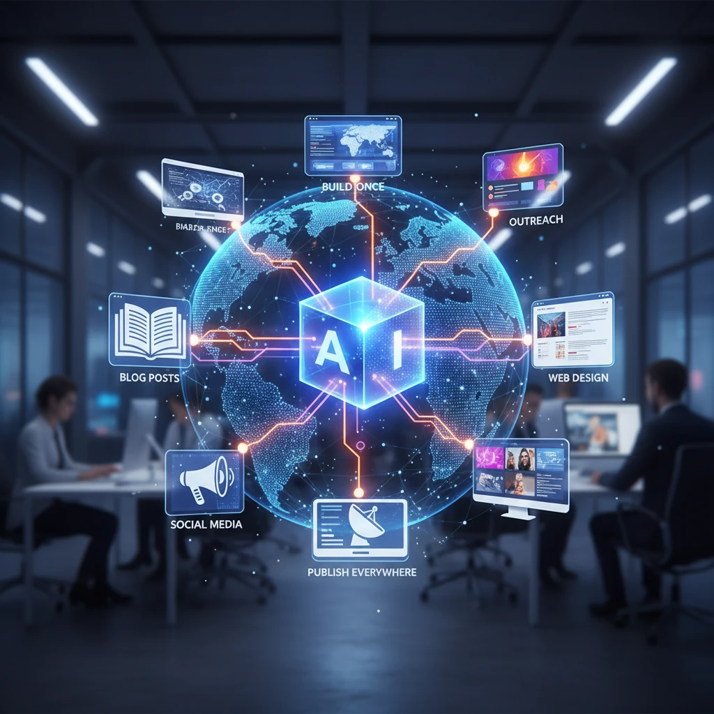 Professional illustration for article about AI Content Systems: Build Once, Publish Everywhere