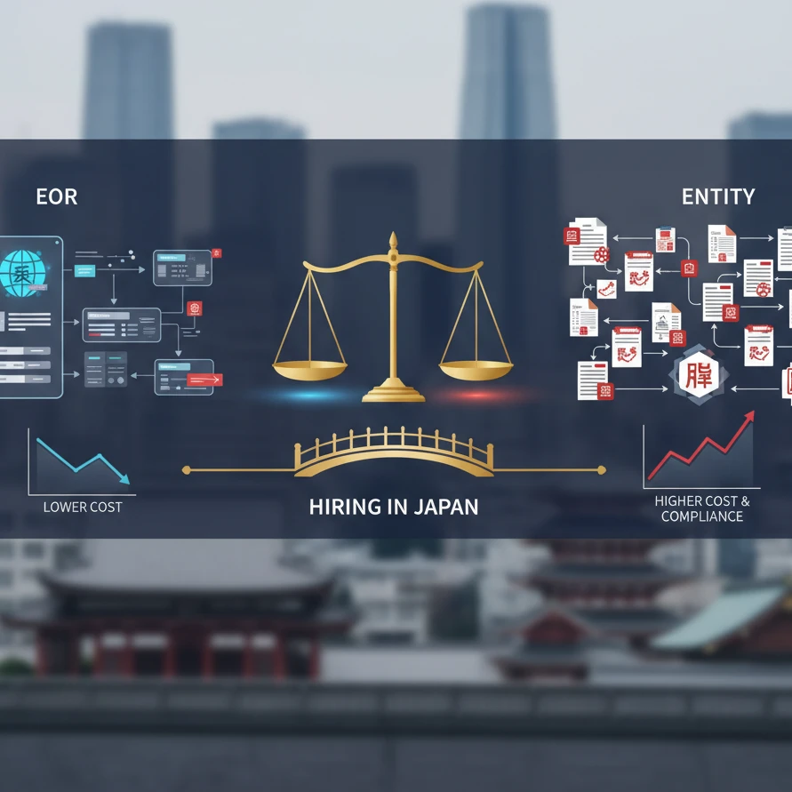 Professional illustration for article about Hiring in Japan: EOR vs. Entity Cost & Compliance
