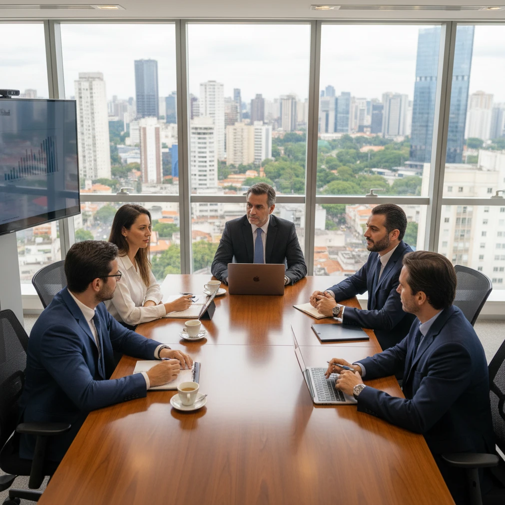 A business meeting taking place in a modern office in Sao Paulo, Brazil.