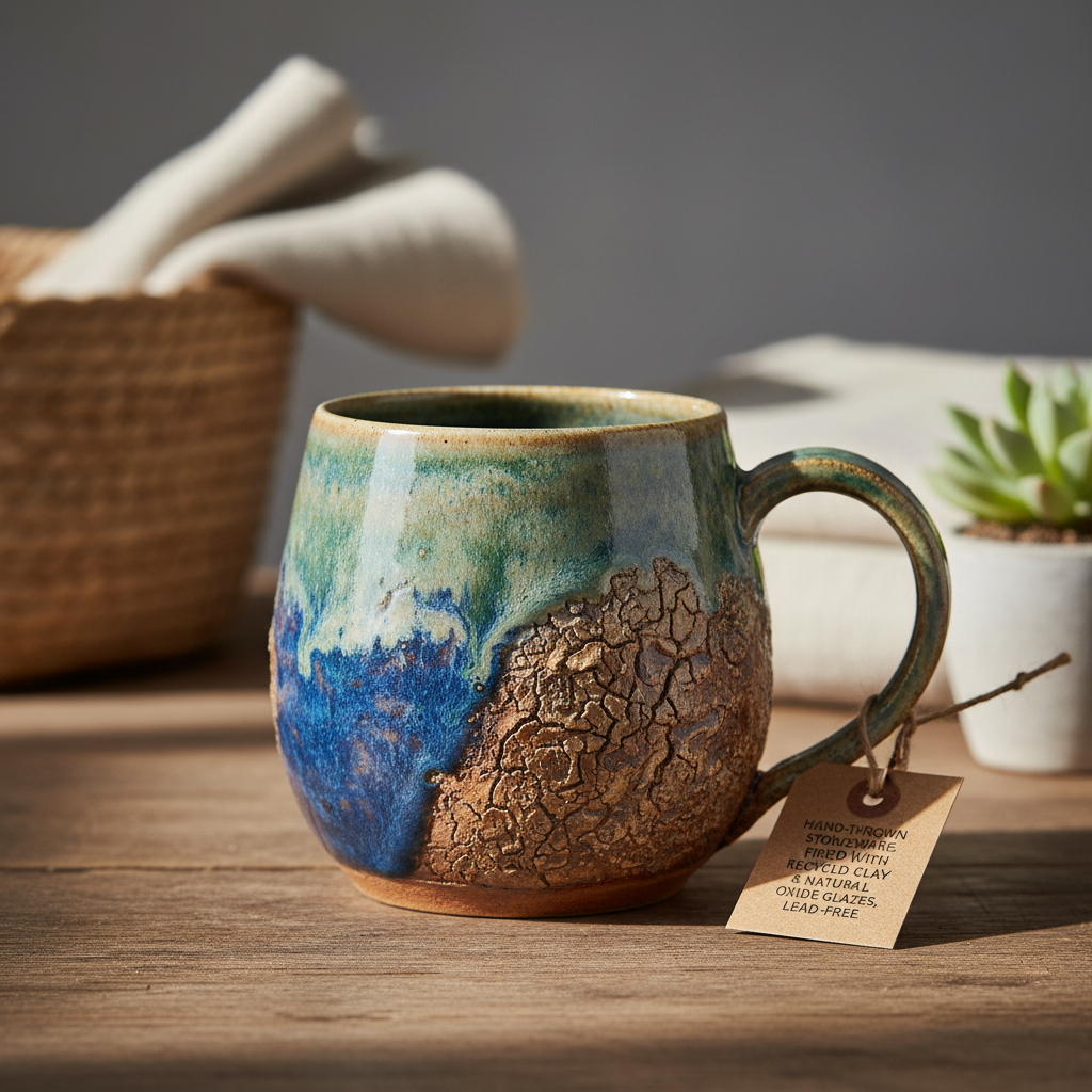Close-up view of a beautifully designed ceramic mug with a detailed description of the materials used.