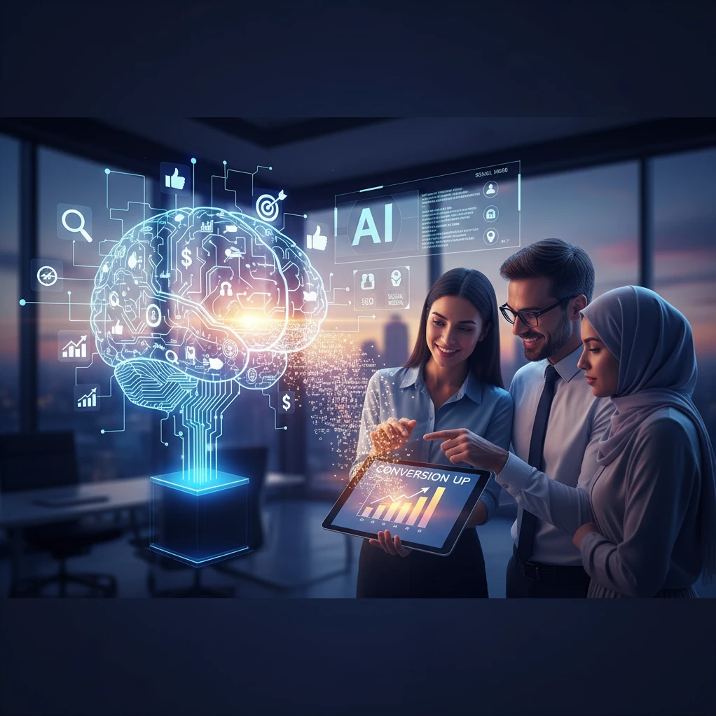 Professional illustration for article about Content That Converts: AI Writing for Marketers