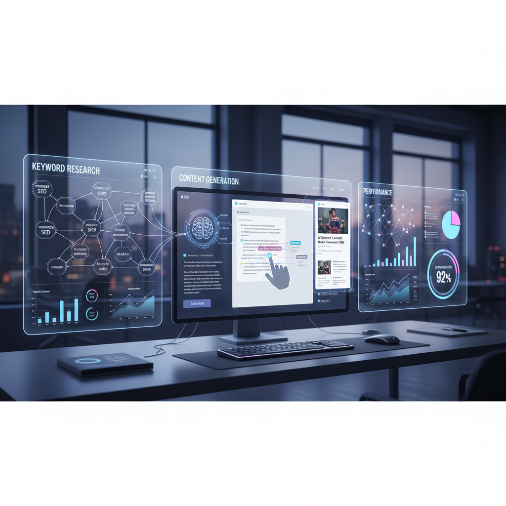 Example of a semantic SEO workflow using AI, showing keyword research, content generation, and performance analysis.